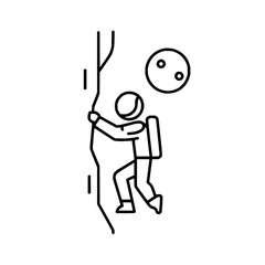 Astronaut climbing a rock wall with a backpack and the moon in the background line art illustration