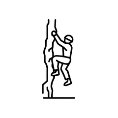 A line drawing showing a person climbing a rock face wearing a helmet and climbing equipment gear set