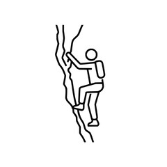 Illustration of a person climbing a rock face with a backpack in a simple black and white design