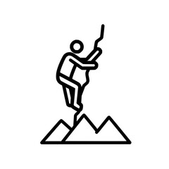 Silhouette of a person climbing a mountain with a rope in hand in black and white line drawing style