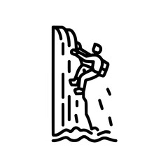 Isolated vector illustration of a person climbing a waterfall with a backpack in black and white style