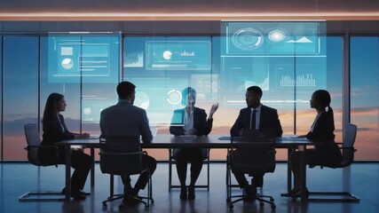 Executives collaborate on a futuristic interface discussing strategic planning and financial growth during a corporate meeting in a modern office. - Powered by Adobe