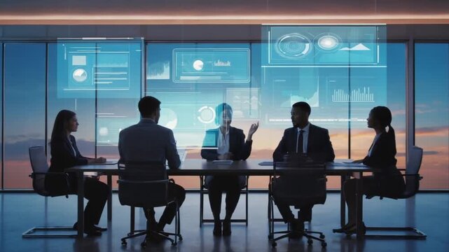 Executives collaborate on a futuristic interface discussing strategic planning and financial growth during a corporate meeting in a modern office.