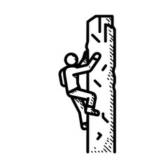 Illustration of a person climbing a textured rock wall with visible hand and footholds for assistance