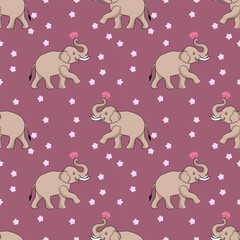 Seamless vector pattern of an elephant holding a pink lotus with small flowers, suitable for fabric patterns, designs, bedding, wallpapers.