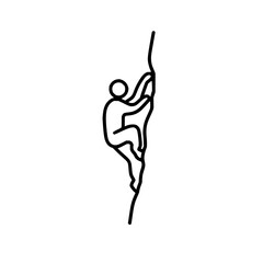 Line drawing of a person climbing a rock face with outstretched arms and legs in a minimalist style