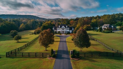 Southern-style homes in Tennessee suburbs viewed from drone,
