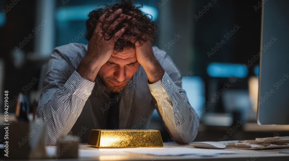 Poster stressed trader with head in hands, gold bar untouched on desk glowing