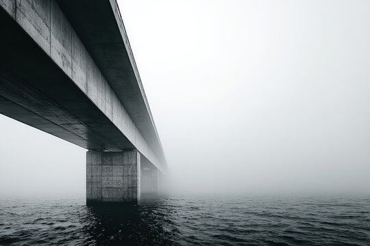 Dramatic foggy bridge over water in monochrome, modern architectural marvel