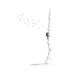 Fototapeta premium Man climbing a cliff face with birds flying in the distance in a black and white minimalist drawing