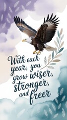 Sophisticated birthday greeting card showcasing an eagle soaring over soft watercolor clouds in a serene, uplifting design. Healthy Aging Month