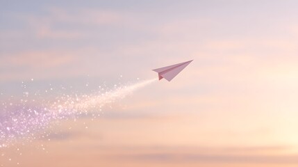 Fototapeta premium a sleek paper plane flying from the left side of the frame, leaving a soft trail of glowing purple particle light