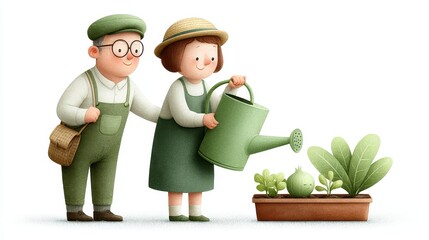 Charming watercolor illustration depicting a joyful couple tending to their garden with love and care. Healthy Aging Month