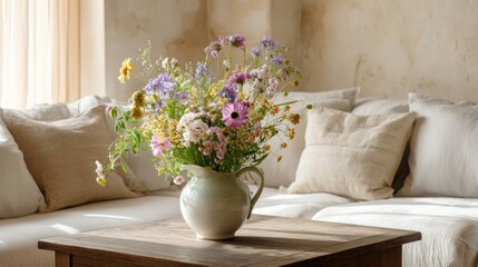 Wildflowers in a ceramic vase on coffee table in front of a soft linen sofa,