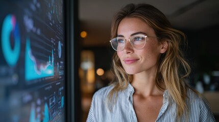 Woman in smart casual wear reviewing business performance through cloud