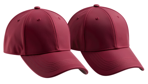  3D Rendered Burgundy Baseball Cap  Floating Front and Back Views, Transparent Background PNG
