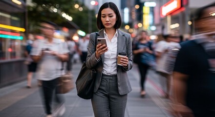 Businesswoman using smartphone city street