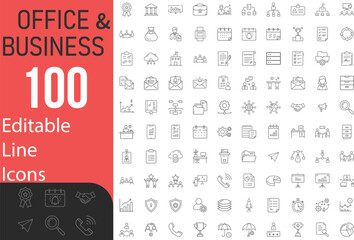 Collection Of Modern Editable Thin Stroke Line Style Office And Business Icons Set Related Teamwork, Documents, Devices, Pictograms, Infographics For Mobile Apps And More Vector Illustration