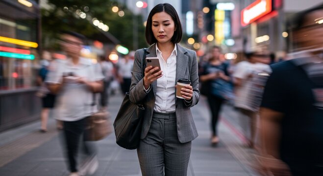 Businesswoman using smartphone city street - Powered by Adobe