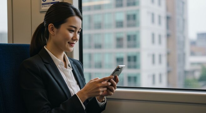 Businesswoman using smartphone on train