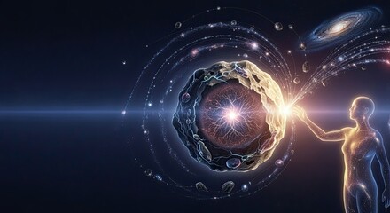Fototapeta premium Asteroid mining and space economy. A figure interacting with cosmic elements, symbolizing creativity and the universe's mysteries.