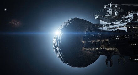 Asteroid mining and space economy. Futuristic spacecraft approaching a celestial body in a dark cosmic environment.