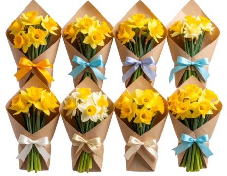  Top-Down View of Narcissus Bouquets Wrapped in Craft Paper with Decorative Ribbon Transparent Background PNG