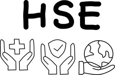 Black and white HSE concept icon. Hands holding health, safety, and environment symbols. Ideal for workplace safety, compliance, and training visuals.