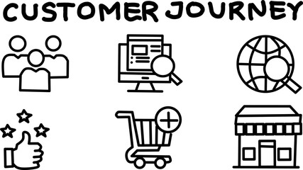 Black and white customer journey icon set showing user experience stages from search to purchase and feedback. Ideal for marketing and UX presentations.