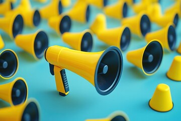 Leadership and attention grab idea with one standout megaphone among rows, communication metaphor