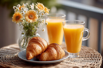 Fresh croissant with orange juice and flowers create warm breakfast