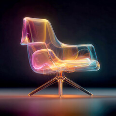 Transparent glowing chair with colorful light effects dark