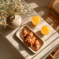 Croissants and orange juice table with vase and flowers warm light