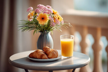 Fresh croissant with orange juice and flower vase table morning
