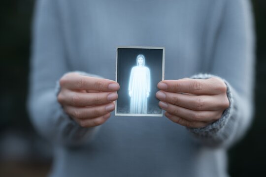 A figure emerges, glowing and transparent, from an old photograph to touch a hand. This image symbolizes a comforting memory, dreams, and the feeling of a loved one's presence