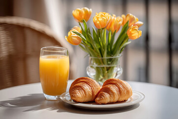 Fresh croissant with orange juice and tulip flowers on table