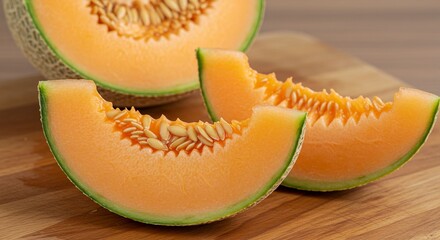 Cantaloupe slices on wooden board
