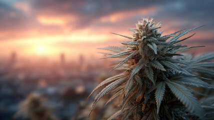 Cannabis plant close up with sunset background and soft light