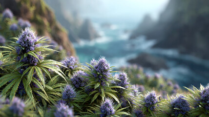 Purple flowering plants grow on cliff with ocean waves below