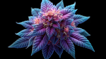 Vibrant purple and blue leaves with delicate pink flowers create