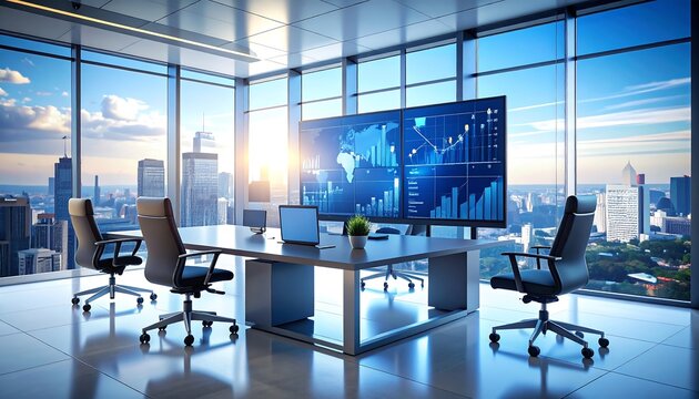 Modern boardroom overlooking a cityscape with financial data screens with sunrise.