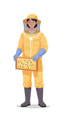 Female Beekeeper in Protective Suit Holding Honeycomb