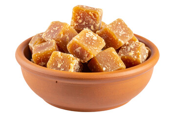 Mini Clay Pot of Date Palm Jaggery (Patali Gur) Chunks, Isolated on Transparent Background