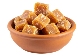 Mini Clay Pot of Date Palm Jaggery (Patali Gur) Chunks, Isolated on Transparent Background