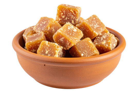 Mini Clay Pot of Date Palm Jaggery (Patali Gur) Chunks, Isolated on Transparent Background