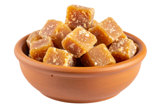 Mini Clay Pot of Date Palm Jaggery (Patali Gur) Chunks, Isolated on Transparent Background