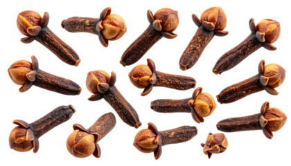 Aromatic spice cloves with rich brown tones and detailed texture, isolated on a transparent PNG background . perfect for culinary designs, spice packaging, or natural remedy visuals.
