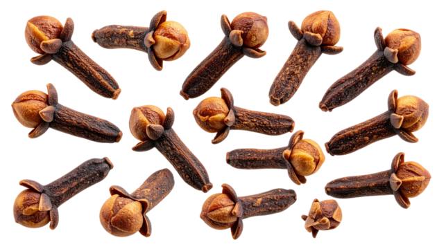 Aromatic spice cloves with rich brown tones and detailed texture, isolated on a transparent PNG background . perfect for culinary designs, spice packaging, or natural remedy visuals.
