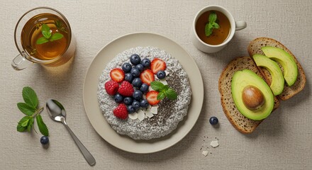 Chia seed pudding with berries and avocado