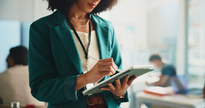 Education, professor and hands with tablet, online and update of schedule with stylus and classroom. Research, lesson and planning for curriculum on app, lecturer or person with tech in university